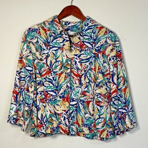 Coldwater Creek Womens Jacket XL Colorful Floral Full Zip Top Linen Blend